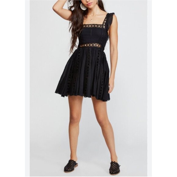 Free People Women's Small One Black Lace Trim Sleeveless Mini Dress - Picture 1 of 14